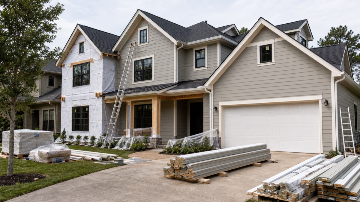 Siding and exterior cladding photo for Complete Exterior Protection Siding and exterior cladding: real residential house exterior with siding, trim, gutters, and patio drainage for Houston exterior protection