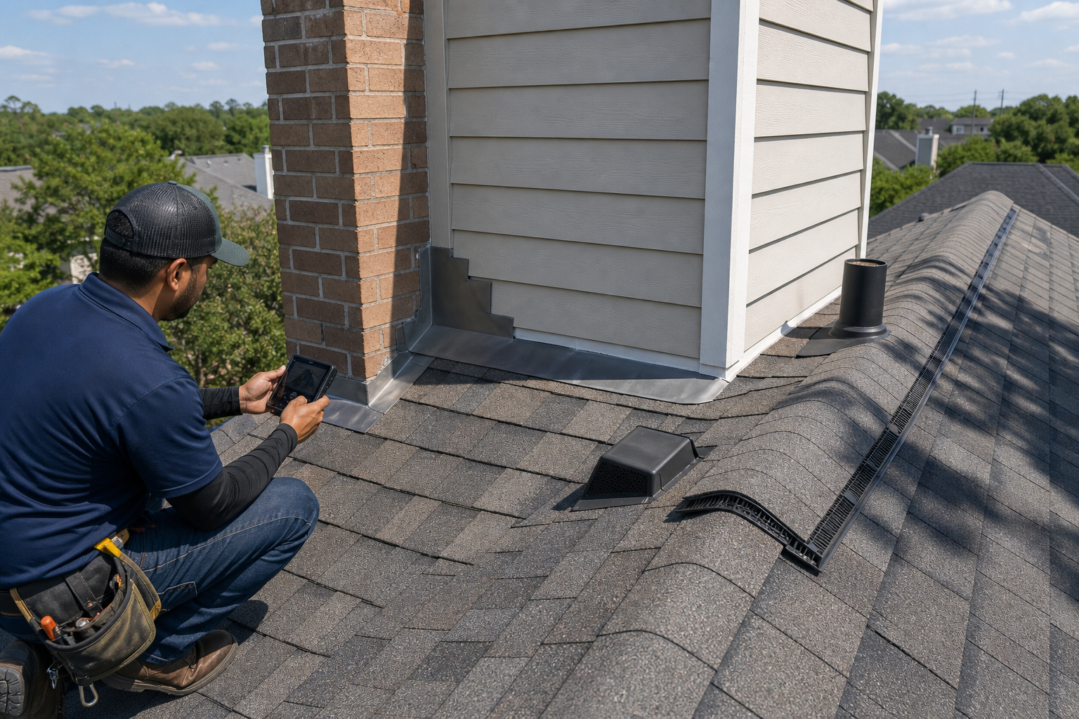 Roof ventilation photo for Roof Replacement Roof ventilation: roof flashing and ventilation detail with chimney, sidewall transition, and roof vents