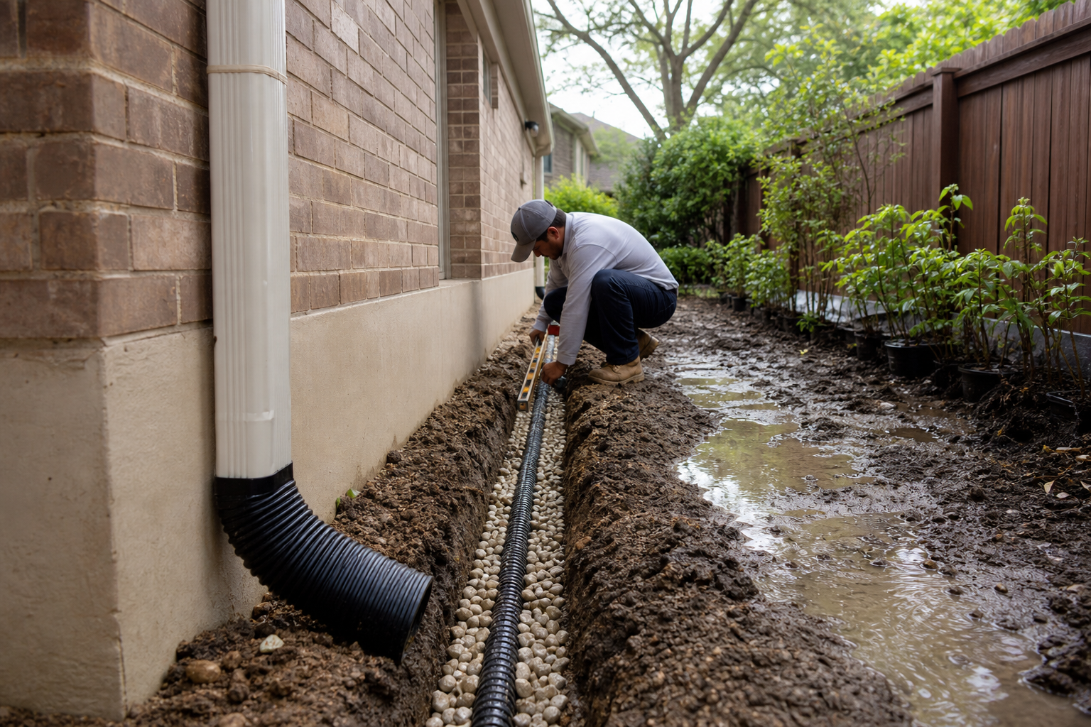 Gutters and French drains photo for Complete Exterior Protection Gutters and French drains: French drain and downspout tie-in installation beside a Houston home