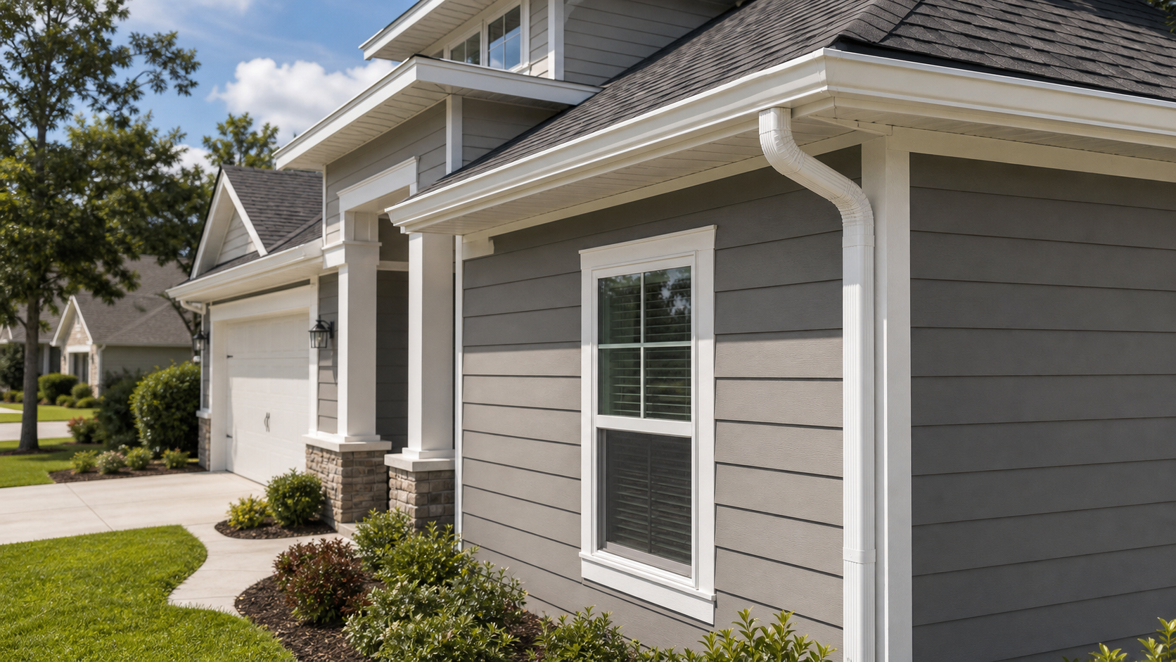 Gutters and siding photo for Residential Roofing Gutters and siding: clean Houston home exterior showing seamless gutters, downspouts, fascia, soffit, siding, and trim