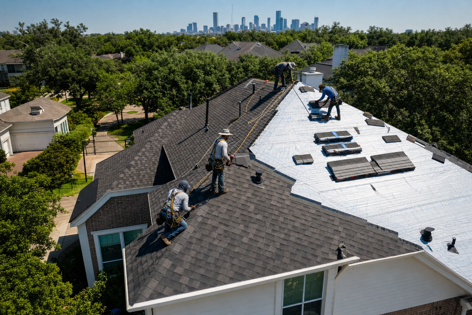 Architectural shingles photo for Roof Replacement Architectural shingles: Houston roof replacement project with shingles, underlayment, crew, and staged roof-system work